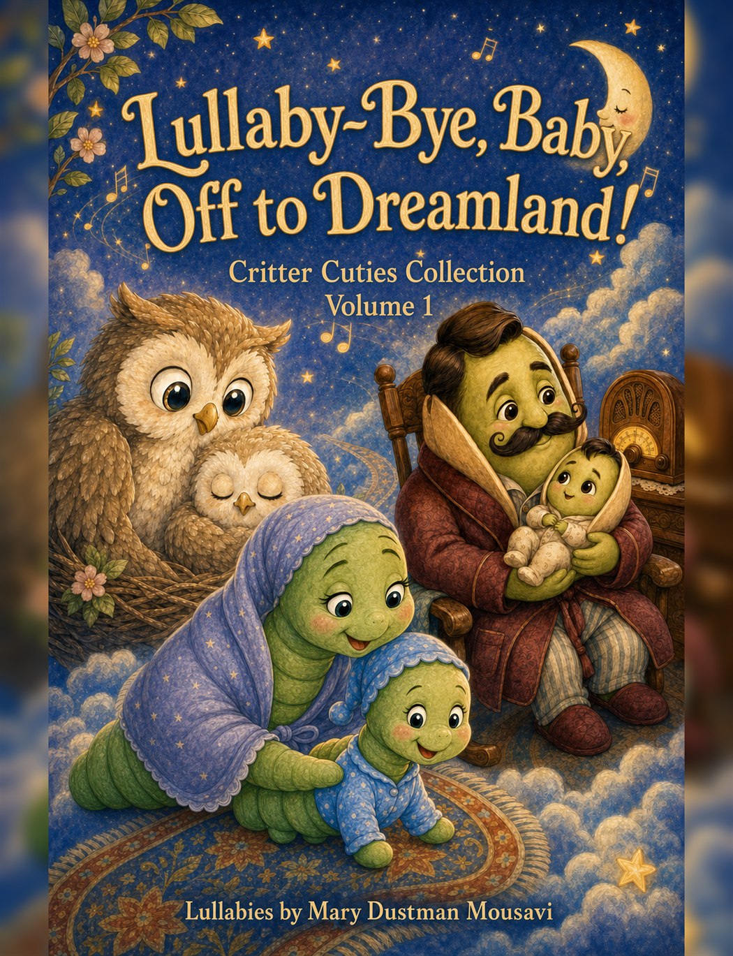 Cover of Lullaby-Bye, Baby, Off to Dreamland! featuring the Critter Cuties under a moonlit sky