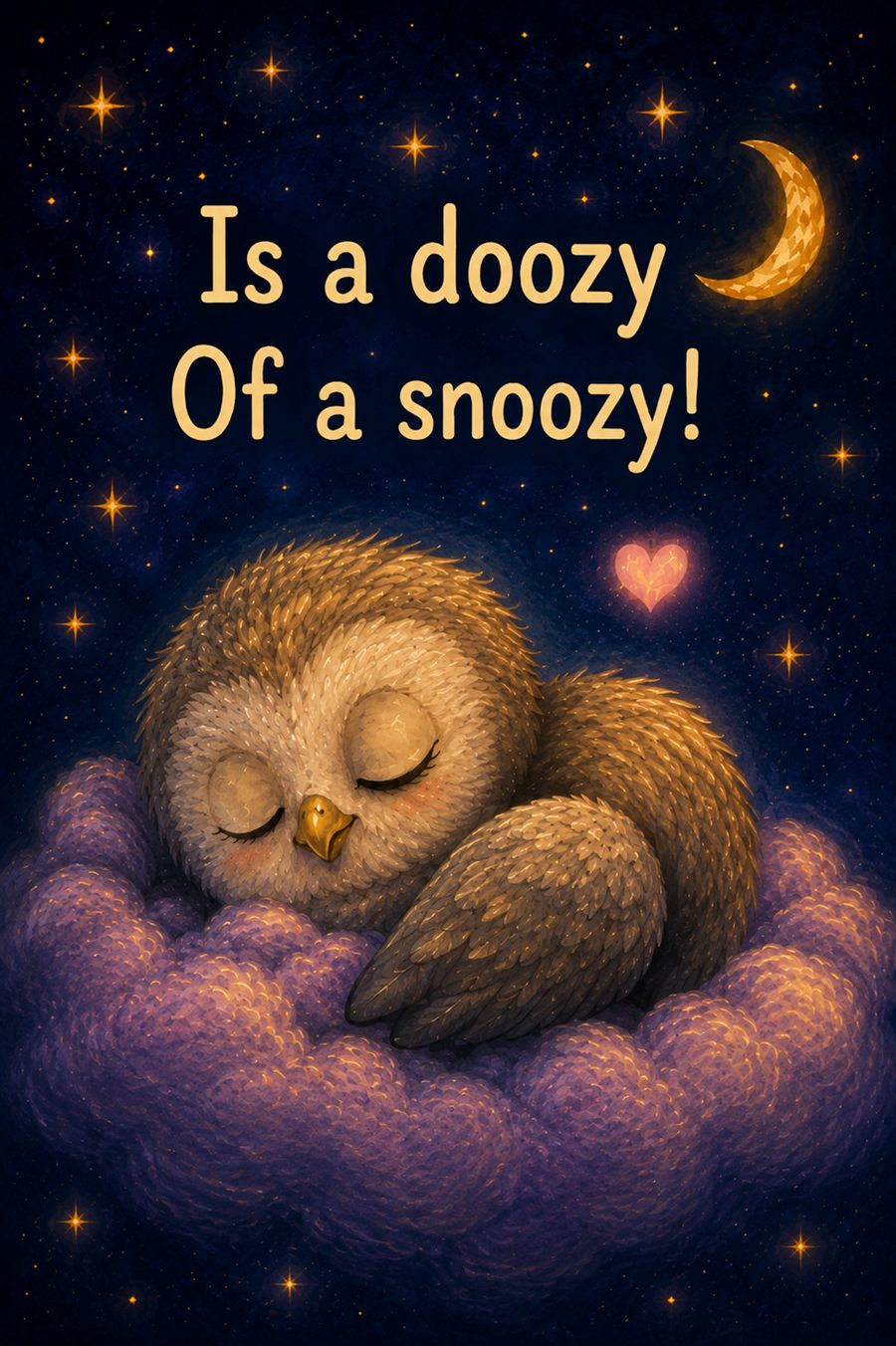 A sleepy baby owl resting on a purple cloud beneath the moon