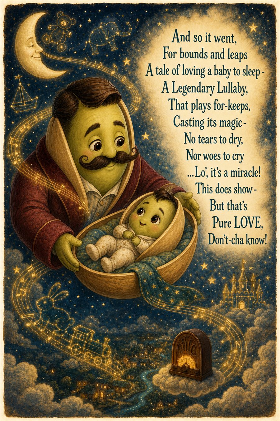 Papa Moe and baby Pistachio sailing through a golden dream of stars and music