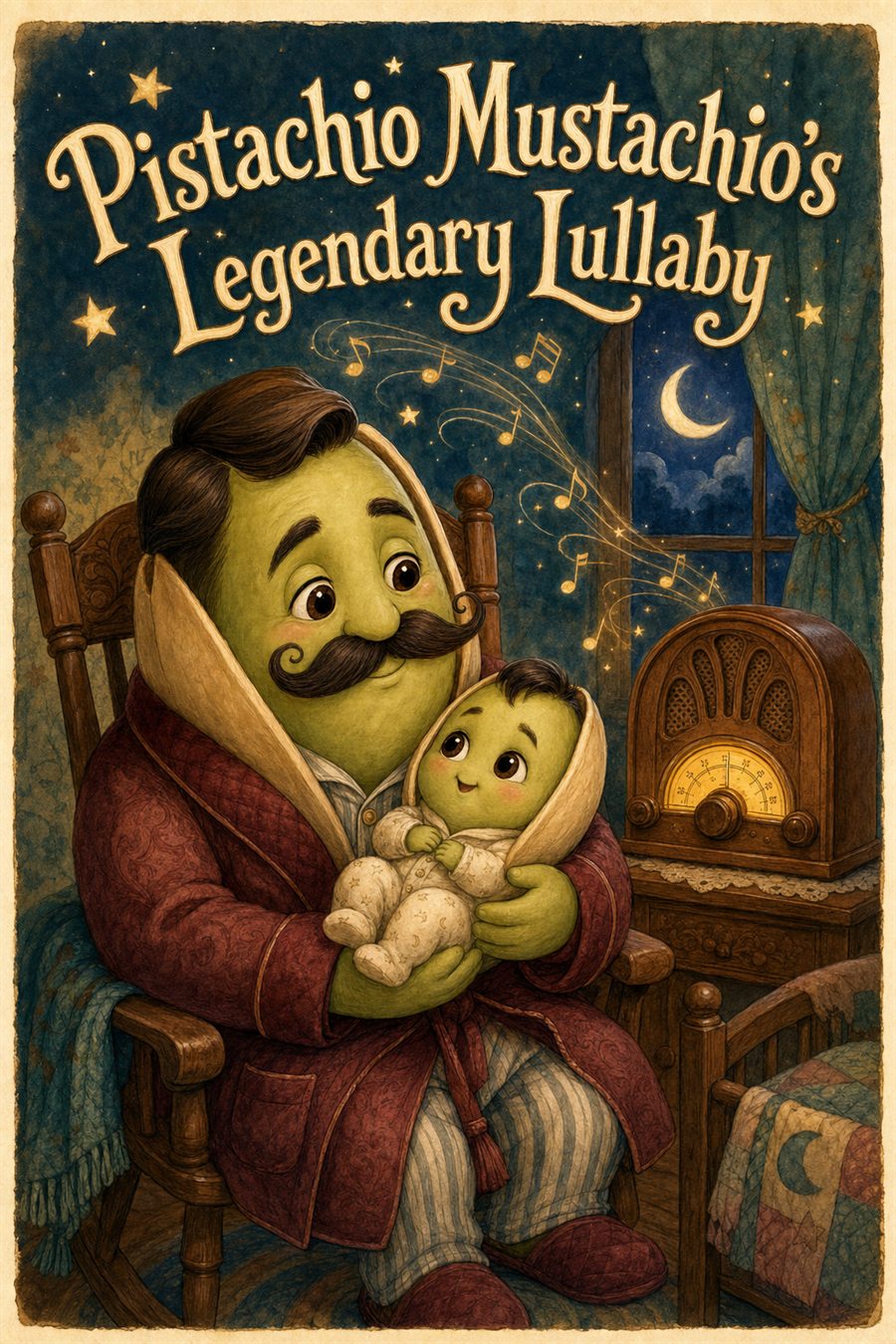 Pistachio Mustachio being rocked beside a glowing vintage radio