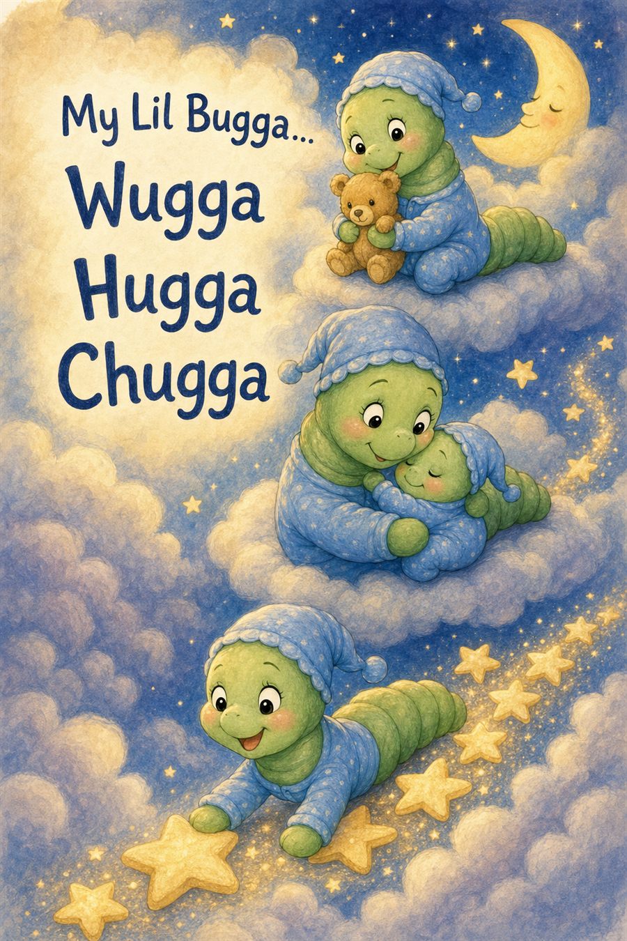 Scooter McBugga floating through clouds, stars, and moonlight