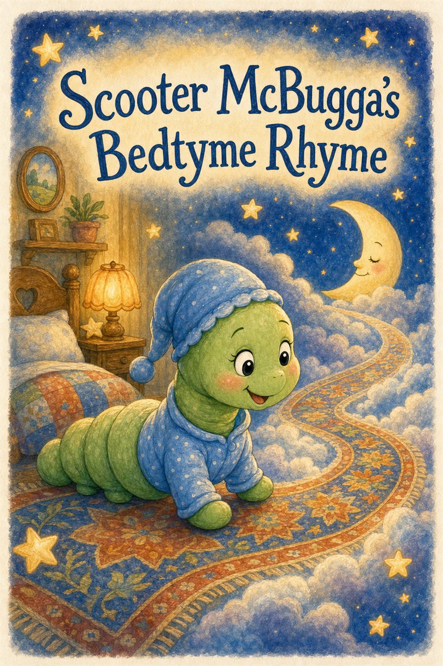 Scooter McBugga in blue pajamas beginning his bedtime journey